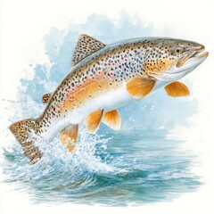 Fototapeta premium Spectacular Brown Trout Leaping from River Water: Aquatic Wildlife Painting, Nature's Beauty in Watercolor Art