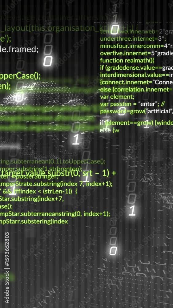 Poster animation of car silhouette with green code and binary numbers on dark background