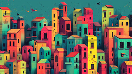 Colorful Geometric Houses Cityscape Illustration 