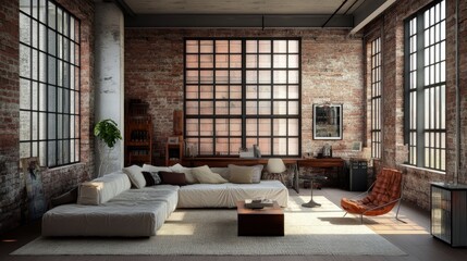 Sunlit loft apartment with exposed brick walls, large windows, sectional sofa, and vintage chair