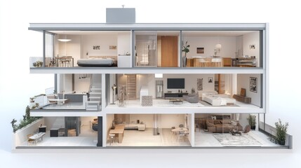 Cross-section view of a modern, three-story house, showcasing the interior layout of each floor, including bedrooms, living areas, and kitchen