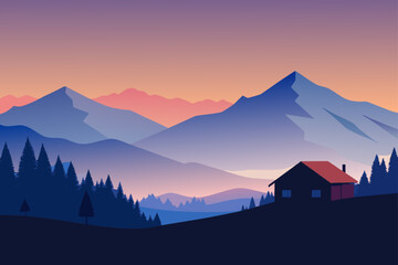 Minimalist mountain landscape with a cabin at sunset