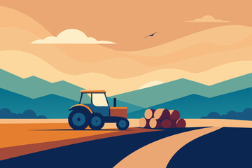 Fototapeta premium Tractor in a field with hay bales and rolling hills at sunset