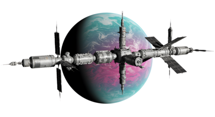 Realistic Space Station Orbiting a Colorful Exoplanet - Futuristic Sci-Fi Concept