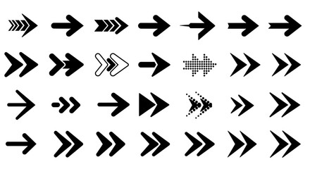 A collection of various vector arrows pointing right, in different styles and designs, on a white background.