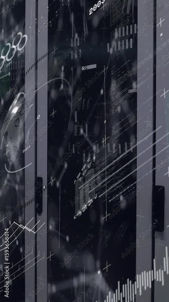 Poster animation of digital data graphs overlaying server racks in data center