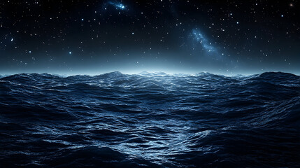 Dark, moody ocean scene with small waves, faint stars and nebulous cosmic elements in the sky overhead