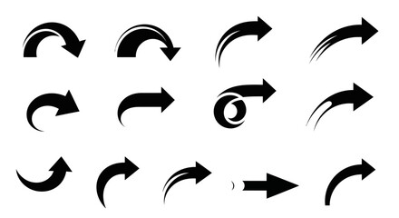 Collection of diverse black arrow icons, various styles, curves, and directions.