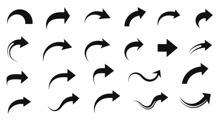 Fototapeta premium Collection of various black arrow icons, pointing right, in different shapes and styles, on white background.