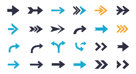 Collection of diverse arrow icons, various styles and directions, simple design, vector graphics.