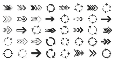 Collection of various arrow designs, including straight arrows and circular arrows, in black and white, pointing in different directions.