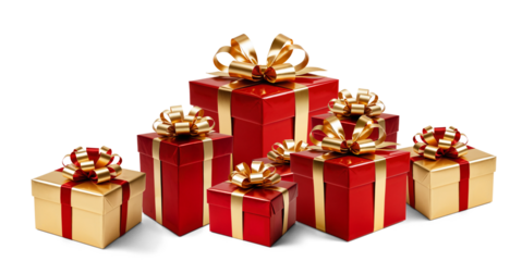 stacked festive gift boxes with ribbons