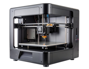 Angled Side View of Black 3D Printer with Partially Completed Geometric Object, Transparent Background