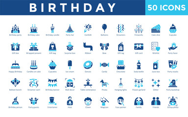 &nbsp;Birthday icons set with birthday party, birthday cake, birthday candle, party hat, confetti, balloons, streamers, fireworks, cake slice, cupcake icon. Simple flat vector 

