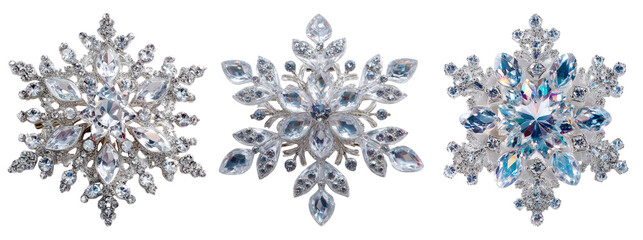 Elegant sparkling snowflake brooches with intricate designs