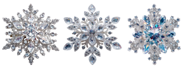Elegant sparkling snowflake brooches with intricate designs