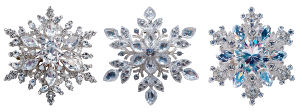 Elegant sparkling snowflake brooches with intricate designs