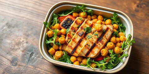 Grilled chicken & spicy chickpea warm salad in a lunch box with arugula and tomato,   ingredients,   diet