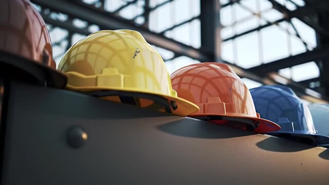 Row of Colorful Hard Hats in Yellow Orange Blue White and Brown on Gray Surface with Bright Overhead Lighting