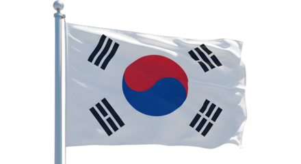 The flag of South Korea waves proudly in the breeze, symbolizing the nation's heritage and spirit. The design features a white field, the emblem of Korea