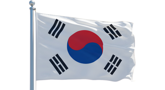 The flag of South Korea waves proudly in the breeze, symbolizing the nation's heritage and spirit. The design features a white field, the emblem of Korea