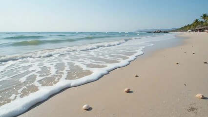Tranquil Sandy Beach with Gentle Ocean Waves and Scattered Seashells Under Clear Blue Sky
