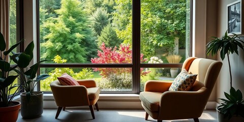Fototapeta premium Cozy armchair by large window, lush green view outside, bright, soft