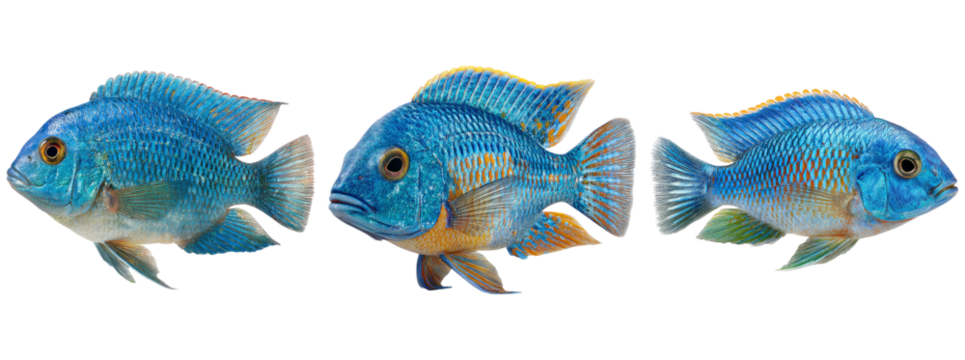 Vibrant Blue Cichlid Fish in Three Distinct Poses Swimming Gracefully