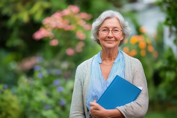Smiling Woman in the Garden: An elegant older woman radiates contentment as she gazes directly at the viewer, a vibrant garden serving as a beautiful backdrop.