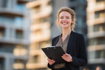 Confident Professional: A smiling businesswoman in professional attire confidently holds a clipboard in front of a modern building, exuding professionalism and success.