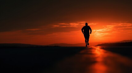 Endurance Silhouette: A solitary figure races towards a stunning sunset, embodying determination, perseverance, and the relentless pursuit of goals.