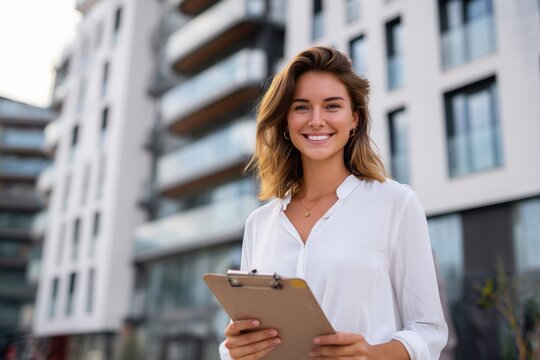 Property Professional's Portrait: A poised professional, radiant in a business setting, holds a clipboard as a backdrop of modern property, emanating confidence and approachability.