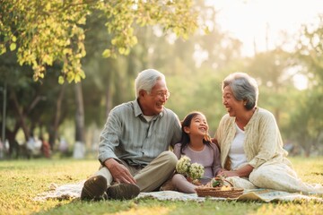 Cherished Moments: Grandparents share laughter and love with grandchild on a serene picnic in a sun-dappled park, creating an intimate and heartwarming scene.