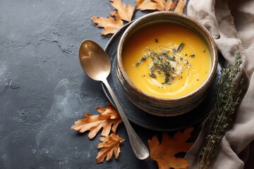 Autumnal Soup Serenity: A top-down presentation of a bowl of golden soup. a beautiful visual appeal, with a focus on texture, and fresh ingredients