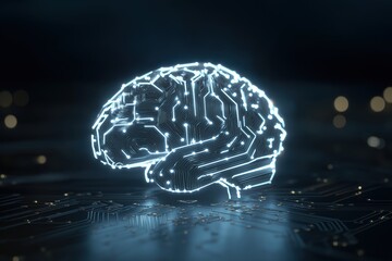Digital Brain Visualization: A glowing representation of the human brain constructed from circuit-like patterns. It illuminates the intricate world of technology, computation.