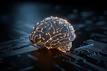 Brain Circuitry in Digital Space: A luminous brain, intricately mapped with glowing circuits, rests upon a digital circuit board, symbolizing the fusion of technology and cognitive power.