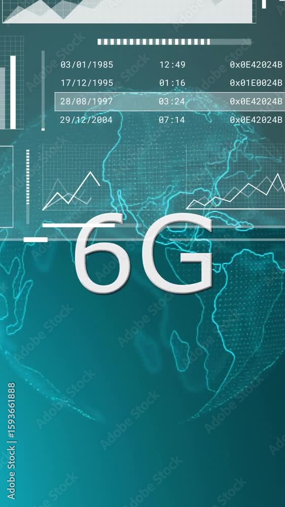 Poster animation of digital interface displaying 6g technology and global connectivity graphics