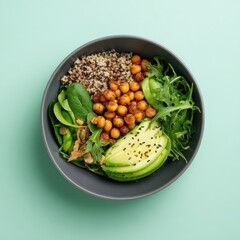 A colorful salad bowl: A vibrant and nutritious salad bowl featuring a medley of fresh, colorful ingredients like avocado, chickpeas, and greens. Perfect for health-conscious lifestyles.