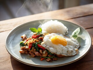 Sizzling Stir-fry Delight: A steaming plate of vibrant stir-fry, crowned with a perfectly fried egg and fluffy rice, all artfully arranged on a sophisticated plate, promising a culinary adventure.