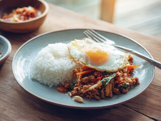 Rice with Fried Egg: A plate of delicious rice topped with a fried egg, representing a harmonious blend of culinary artistry. The rich colors and textures of the meal create a visual feast.