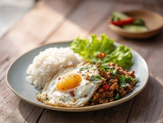 Exquisite Thai Basil Delight: An enticing overhead shot of a delectable Thai basil dish with a fried egg, accompanied by a generous serving of white rice.