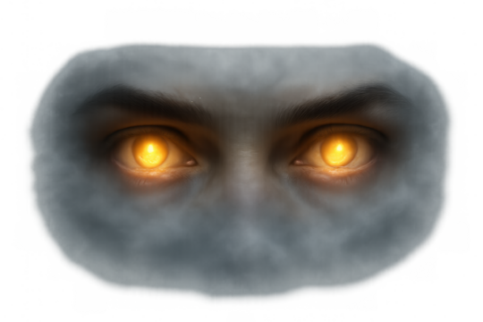 Glowing eyes piercing through dark, smoky background, generating mysterious, intense atmosphere for fantasy or horror-themed design