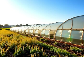 Rows of large polytunnels on Gloucestershire farmland, sunny day,  farmland,   crop protection