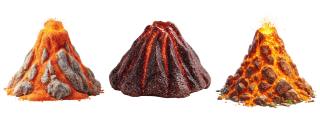 Vibrant Lava Flowing from Three Distinct Volcano Models