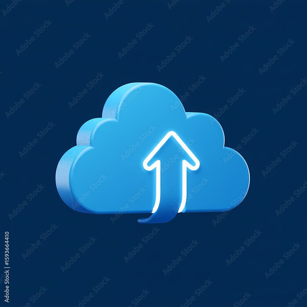 Fototapete a 3d rendering of a blue cloud with a white arrow pointing upwards, symbolizing uploading or cloud s