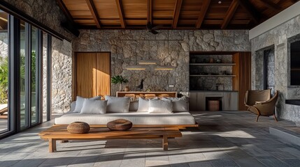 Sunlit, spacious living area with stone walls, wooden ceiling, and comfortable low seating