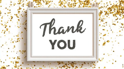 White framed "Thank You" sign with gold glitter