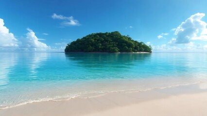 Fototapeta premium Tropical Paradise: Lush Island, Turquoise Ocean, White Sand Beach, Blue Sky