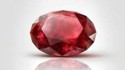A vibrant, richly-hued red gemstone, oval-cut with multifaceted brilliance, casts a subtle reflection on a light gray background.  Its deep crimson color suggests significant clarity and saturation