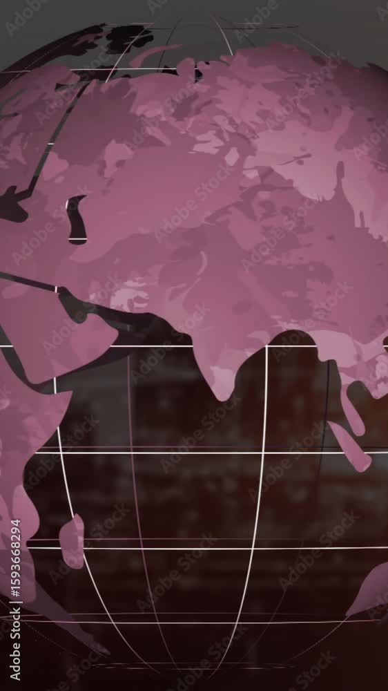 Poster animation of rotating globe with grid lines over industrial cityscape background